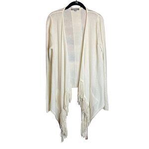 Neiman Marcus Cream 100% Cashmere Fringe Hem Sweater Cardigan Large